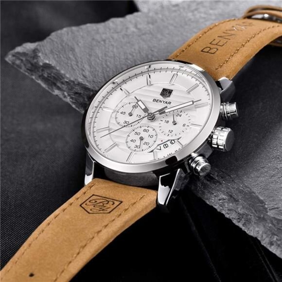 Amazon.com: BENYAR Chronograph Waterproof Watches Business  Quartz Chronograph Sport Design Leather Band Strap Wrist Watch for Men